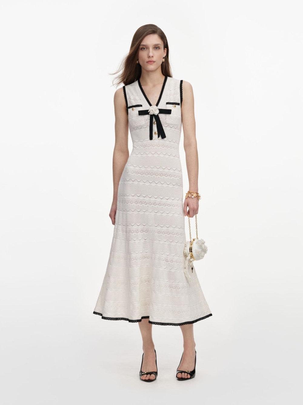 NWOT Self-Portrait Sleeveless White Pointelle Knit Bow Midi Dress, Size M